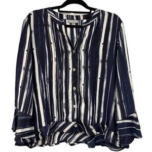 Habitat Women's XL Top Blue White Striped Button Down Ruffle Hem Blouse Shirt